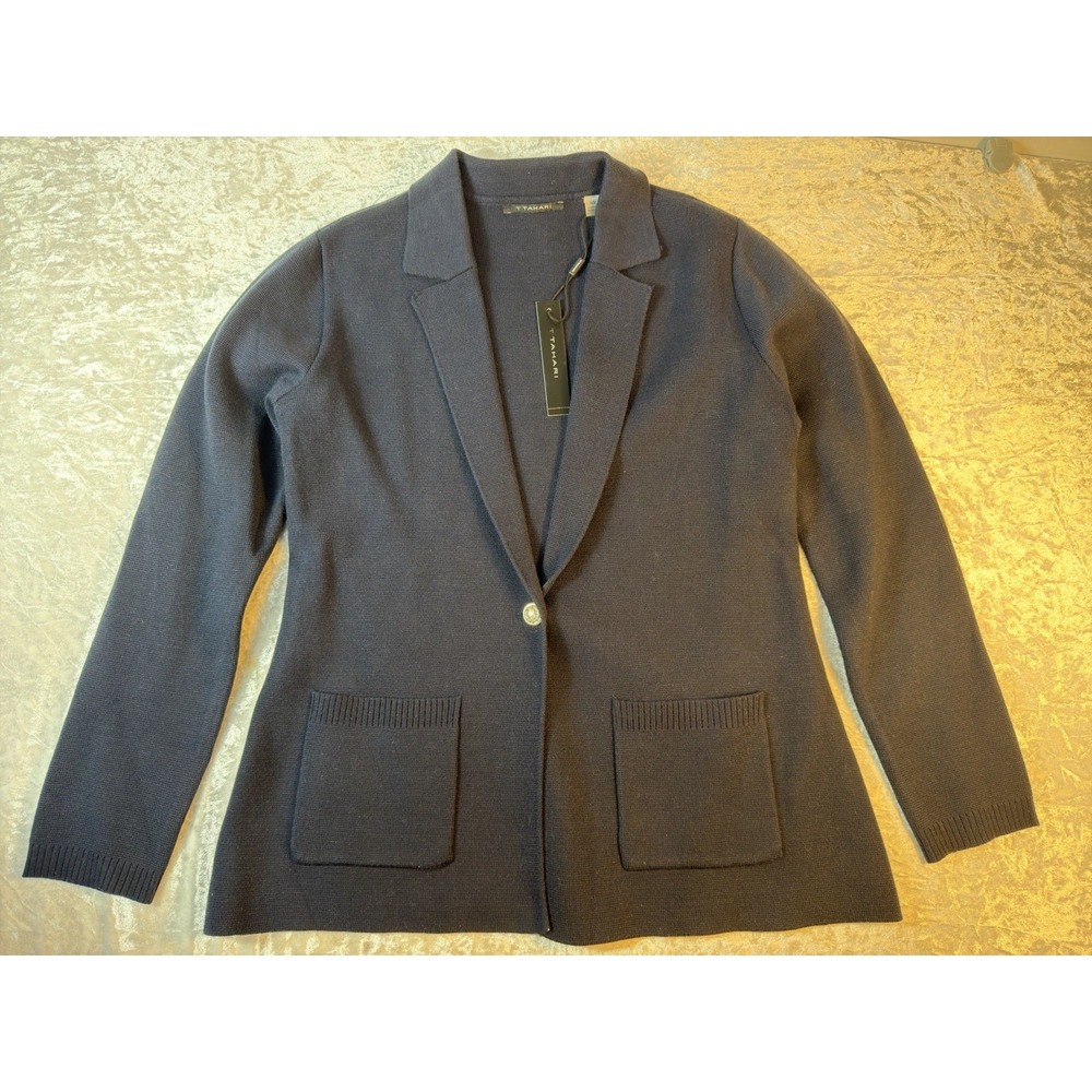 T Tahari Women's Cardigan Sweater M Navy Knit Blazer Gold Button Pockets NWT